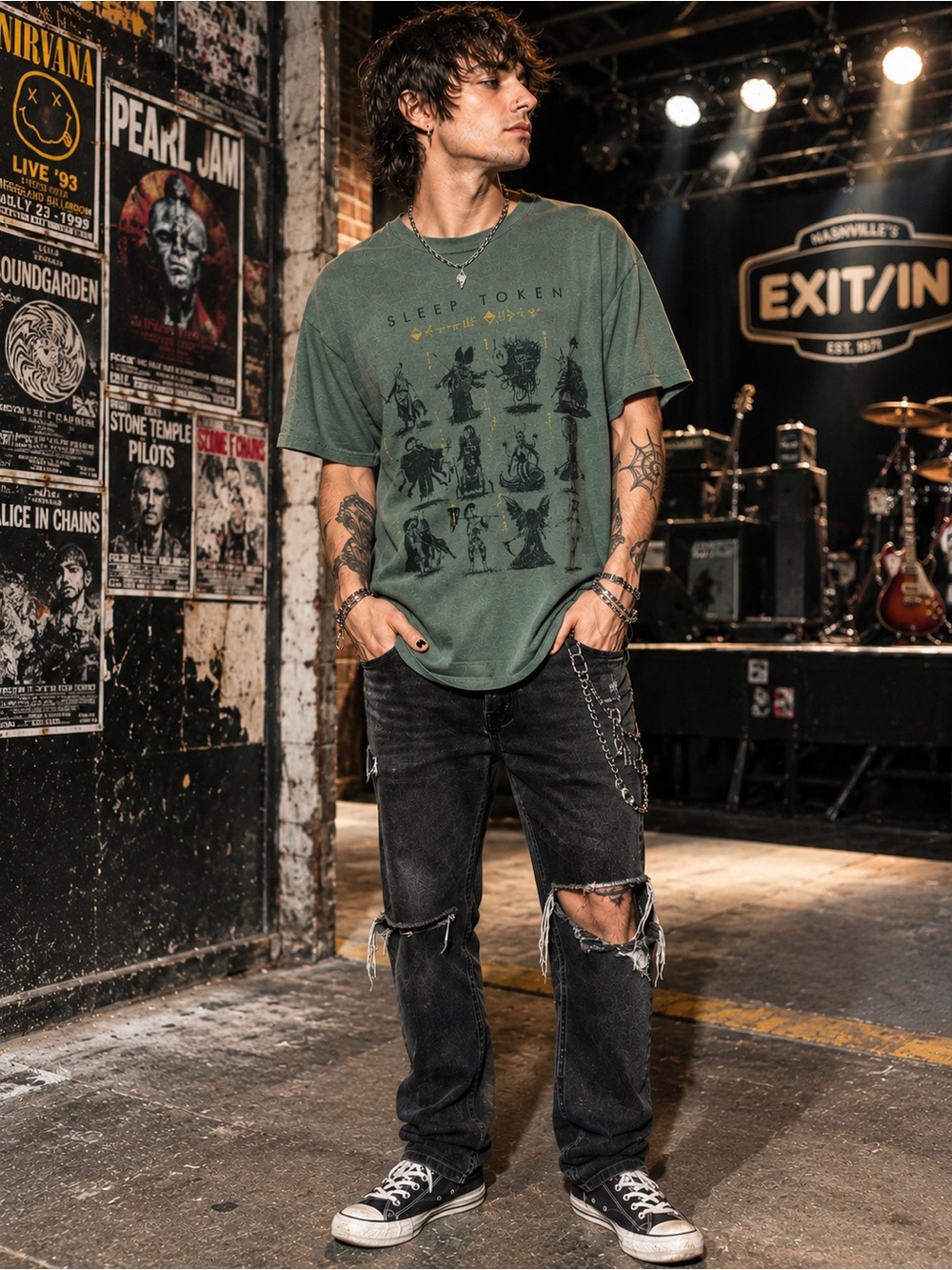 Sleep Token Men's Grid Stone Wash T-Shirt Green Officially Licensed Merchandise